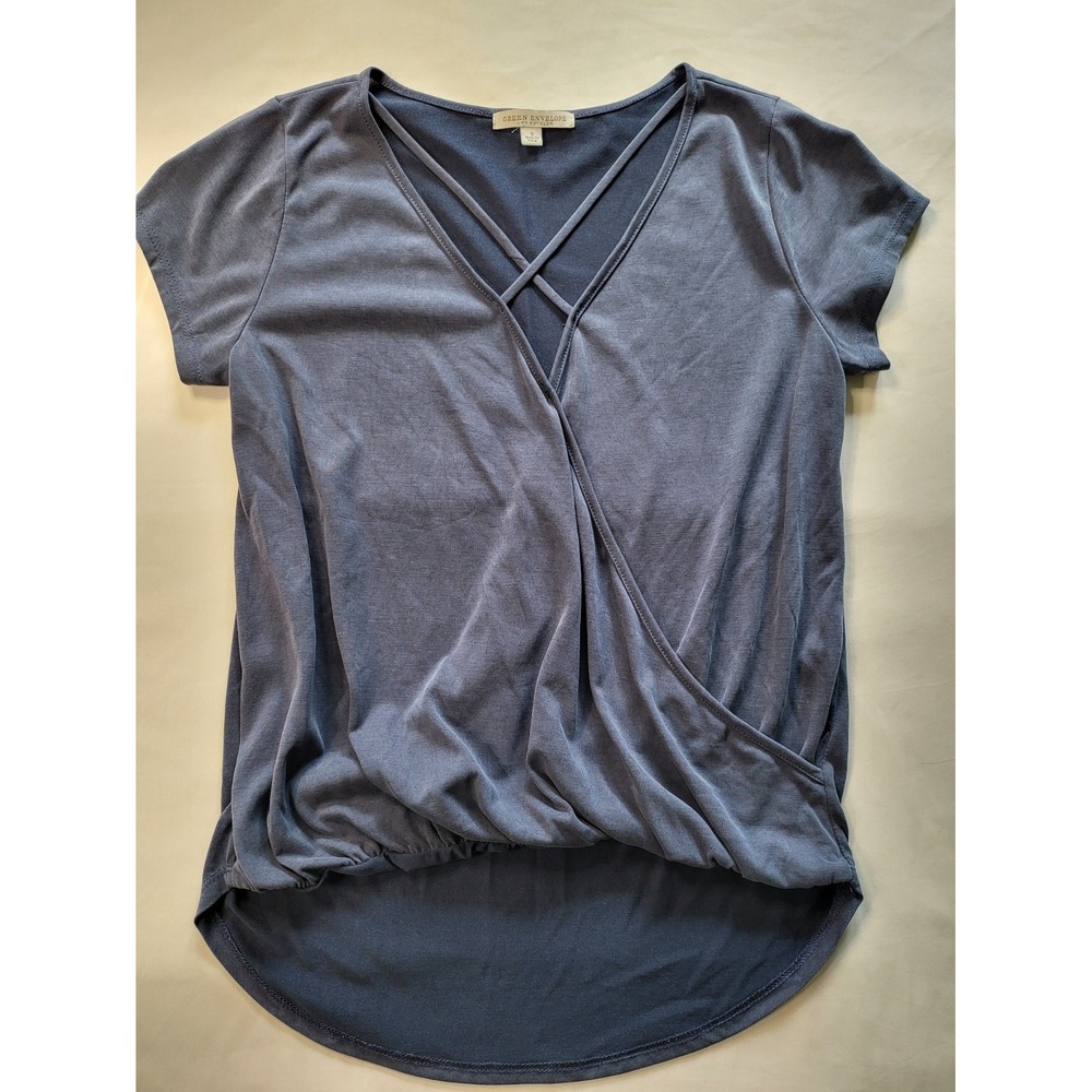 Green Envelope Los Angeles Womens Small Blue Wrap Top Strappy V-Neck Blouse USA